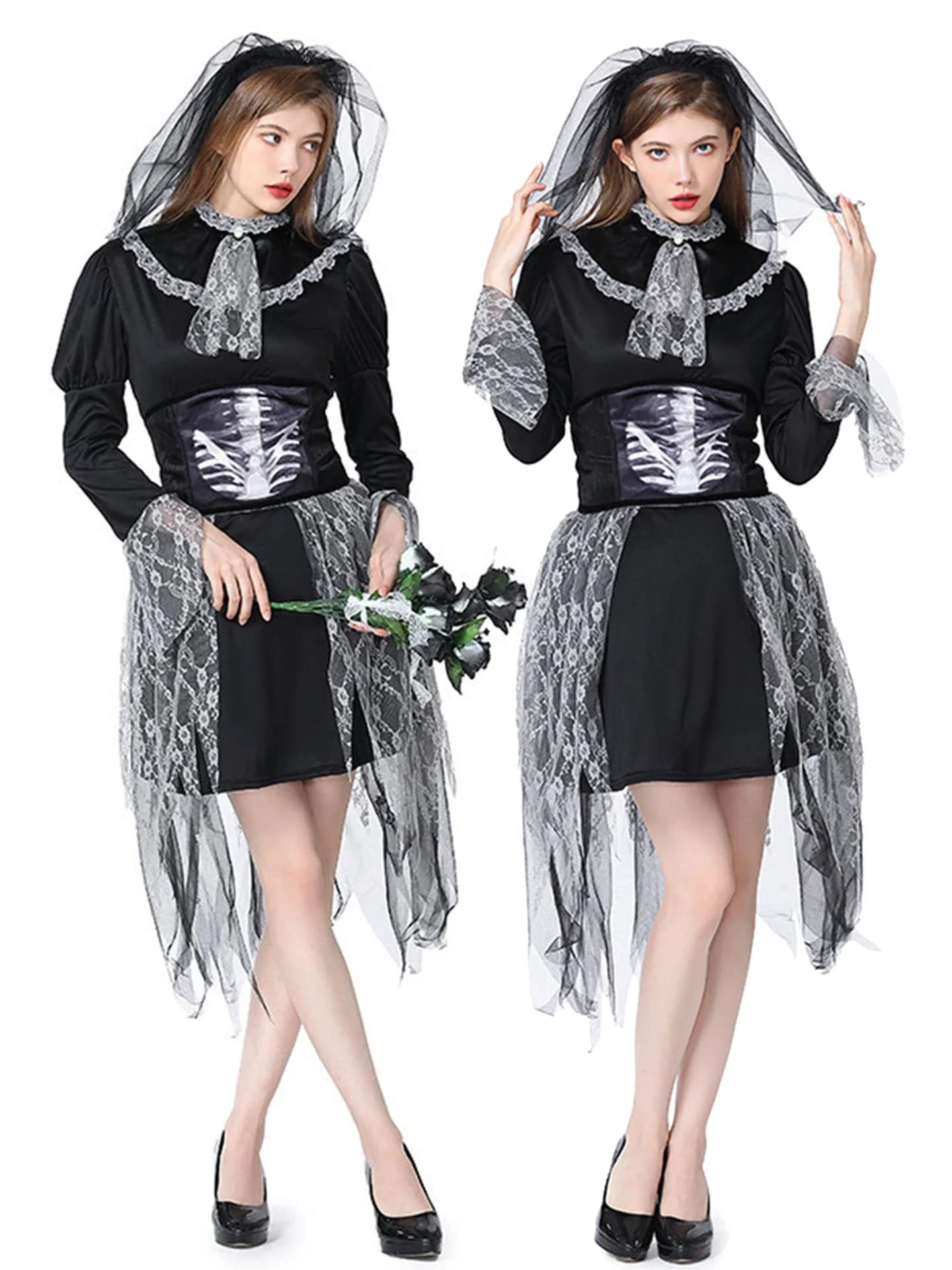Halloween New Style Skeleton Bride Cosplay Costume Lace Skirt Performance Clothes Funny Dark Ghost Wedding Dress Ladies' Fashion