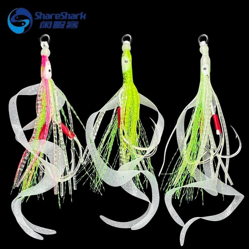 5 Pz/borsa Polpo Bionico Doppio Gancio Stringa Llure Glow Piastra di Ferro Doppio Gancio Pesca in Mare Calamari Esca Con Streamer Glitter Seta