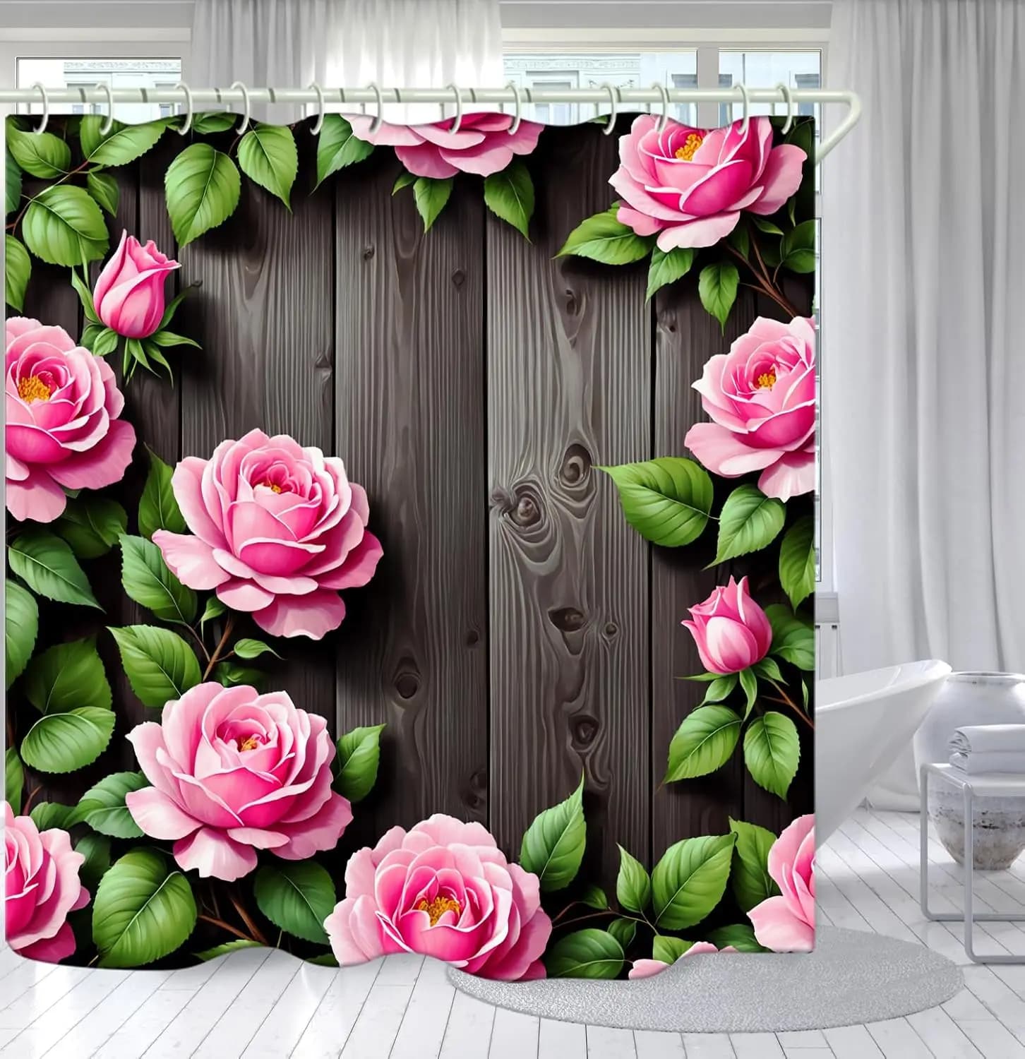 La tenda da doccia per il bagno porta un'umore piacevole per fare il bagno, con una unica tenda da doccia artistica impermeabile con foglie verdi e fiori rosa