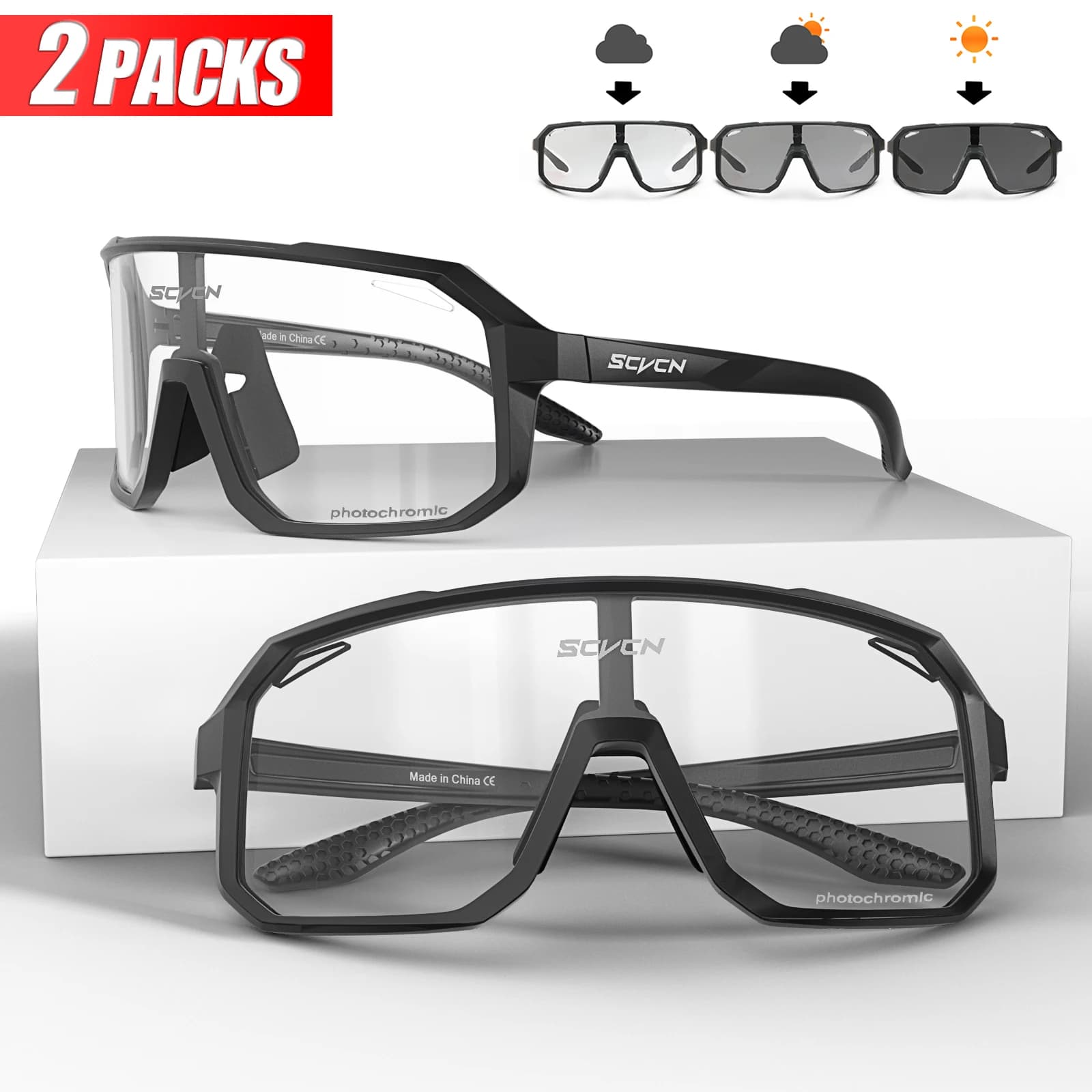 2 Packs Cycling Sunglasses Photochromatic Horse Riding Cycling Glasses Mtb Cycling Glasses Mountain Bike Men's Sports Glasses