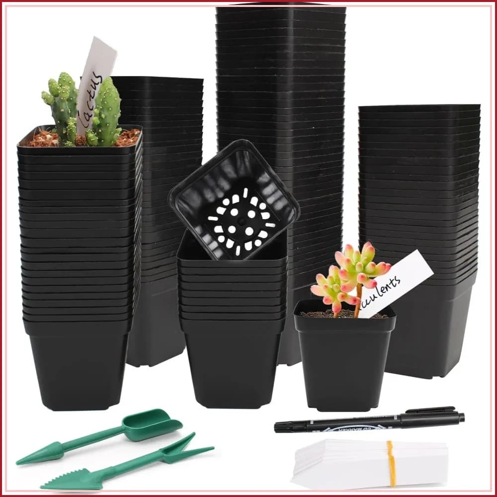 100 Pcs 2.6" Square Nursery Pots with 60 Plant Labels & Tools - Thickened Reusable Seed Starter Pots with Drainage for Succulents, Flowers, Cuttings