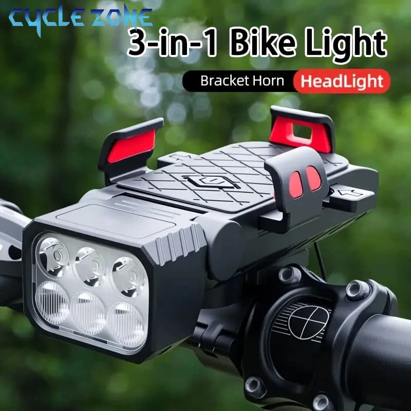 Front Bicycle Light 3 in 1 with Clacson and Phone Support 6 LED Bike Light 2400mAh Bicycle Headlight Torch for Night Safety