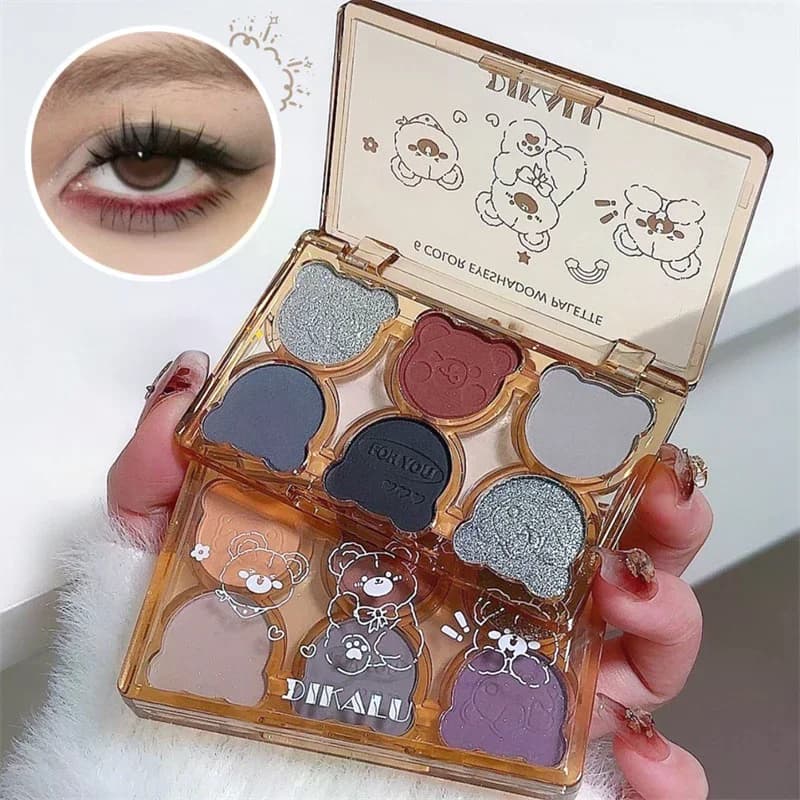 DIKALU Bear Swan Ballet Palette Shadows Six Colors Opachi, Glitter Fini, Perlescent, Gray Smoke, Red, Black, Bordeaux - Engrosed