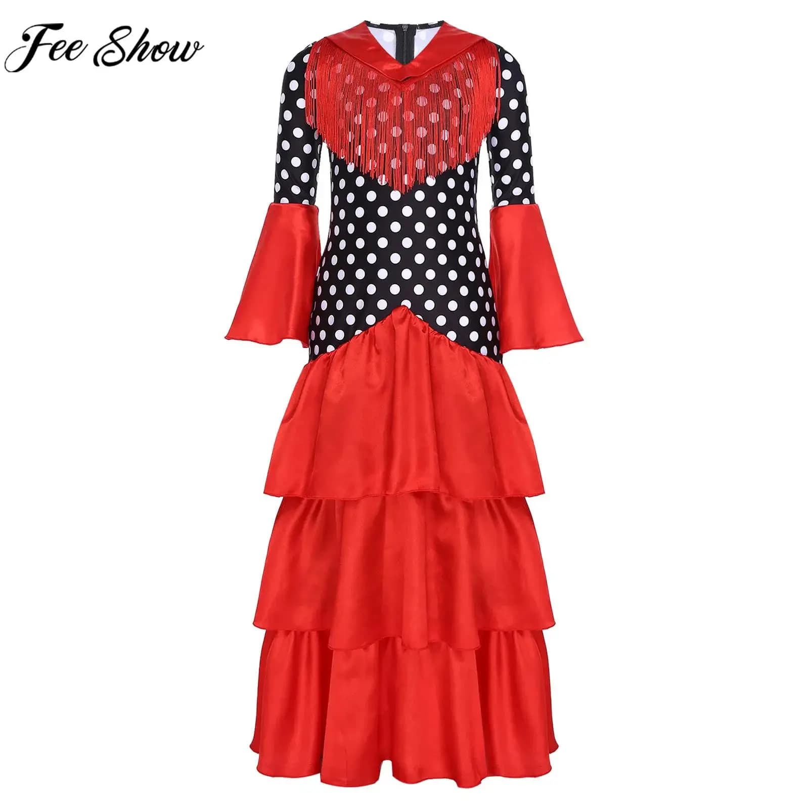 Costume da spettacolo cosplay per ragazze, carnevale di Halloween, ballerina di flamenco, manica svasata, nappa, volant a strati, pois, stampa