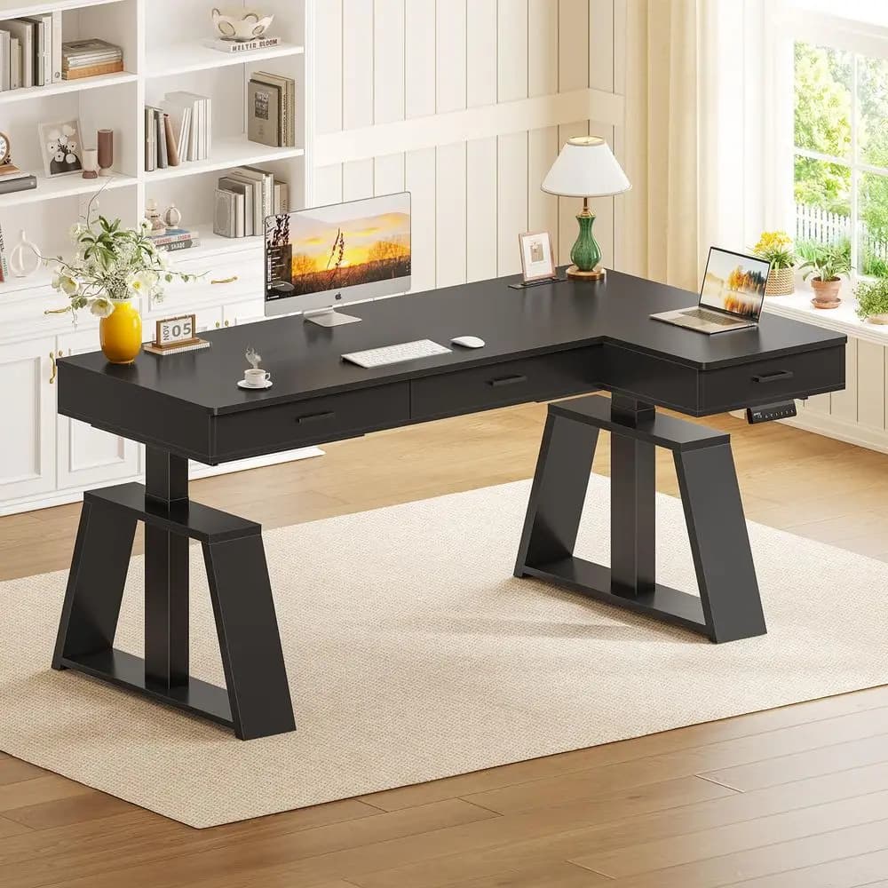 Scrivania Elettrica Regolabile a L da 59 Pollici con Cassetti, Scrivania Direzionale con Prese di Corrente, Supporto Monitor, Scrivania Sit-Stand