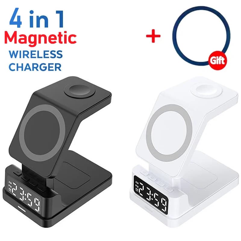 4 In 1 30W Magnetic Wireless Charger Stand Alarm Clock Quick Charging Station for Iphone 15 14 13 12 Apple Watch 8 7 Airprods Pro