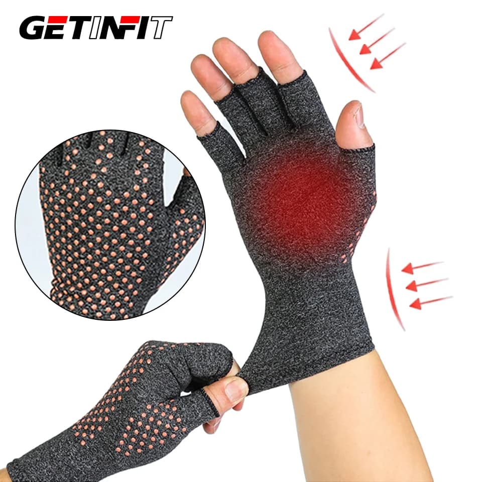 GETINFIT 1 paio di guanti a compressione a mezze dita, supporto per mani e polsi, cura delle articolazioni, sollievo dal dolore, riduzione del gonfiore, pressione bilanciata