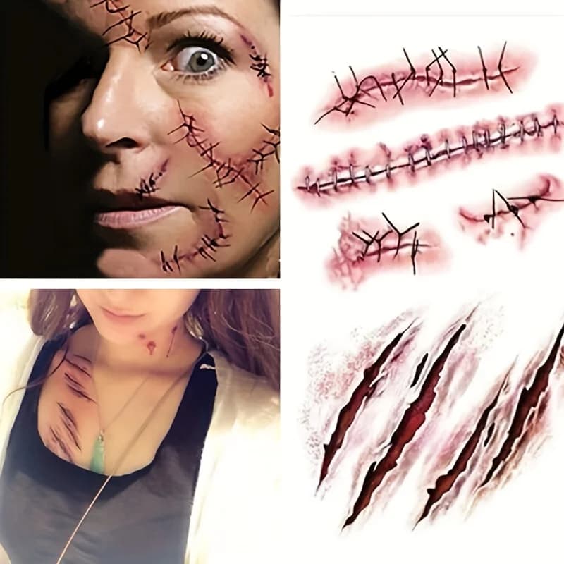 10 pz 3D Cicatrice Finta Tatuaggi Adesivo Corpo Viso Realistico Scab Tatuaggi Temporanei Halloween Horror Ferita Sanguinante Adesivi Per Il Trucco FAI DA TE