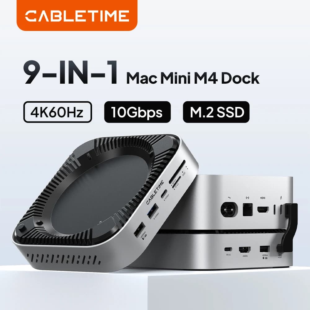 CABLETIME 9 IN 1 Mac Mini M4 Dock 4K@60Hz Resolution 10Gbps Fast Data Transmission M.2 SSD SD/TF 4.0 8TB Massive Storage