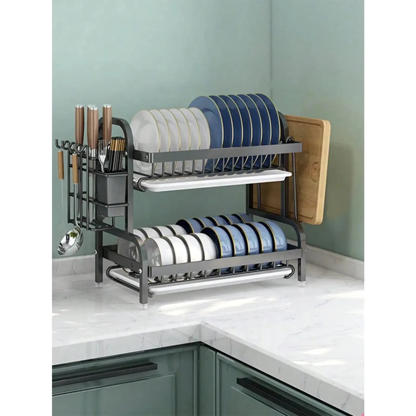 1 pz. Scaffale portaoggetti da cucina, scolapiatti multifunzionale, organizer per ciotole, porta utensili da armadietto