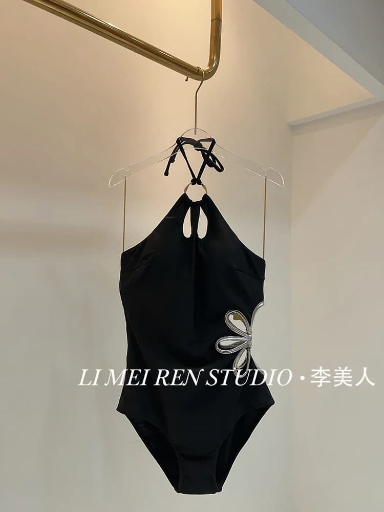 New sexy black flower hanging neck suspender one-piece swimsuit for women