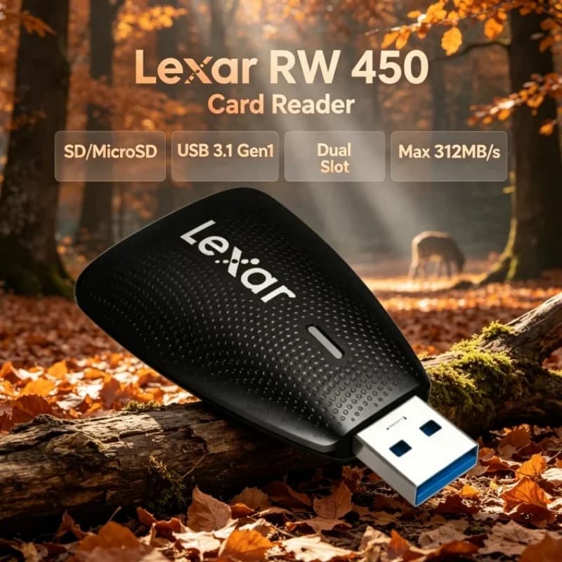 Lexar RW450 Portable Memory Card Reader USB 3.1 Gen 1 UHS-II 2-in-1 SDXC MicroSDXC Card Adapter 312MB/s for Camera Data Transfer