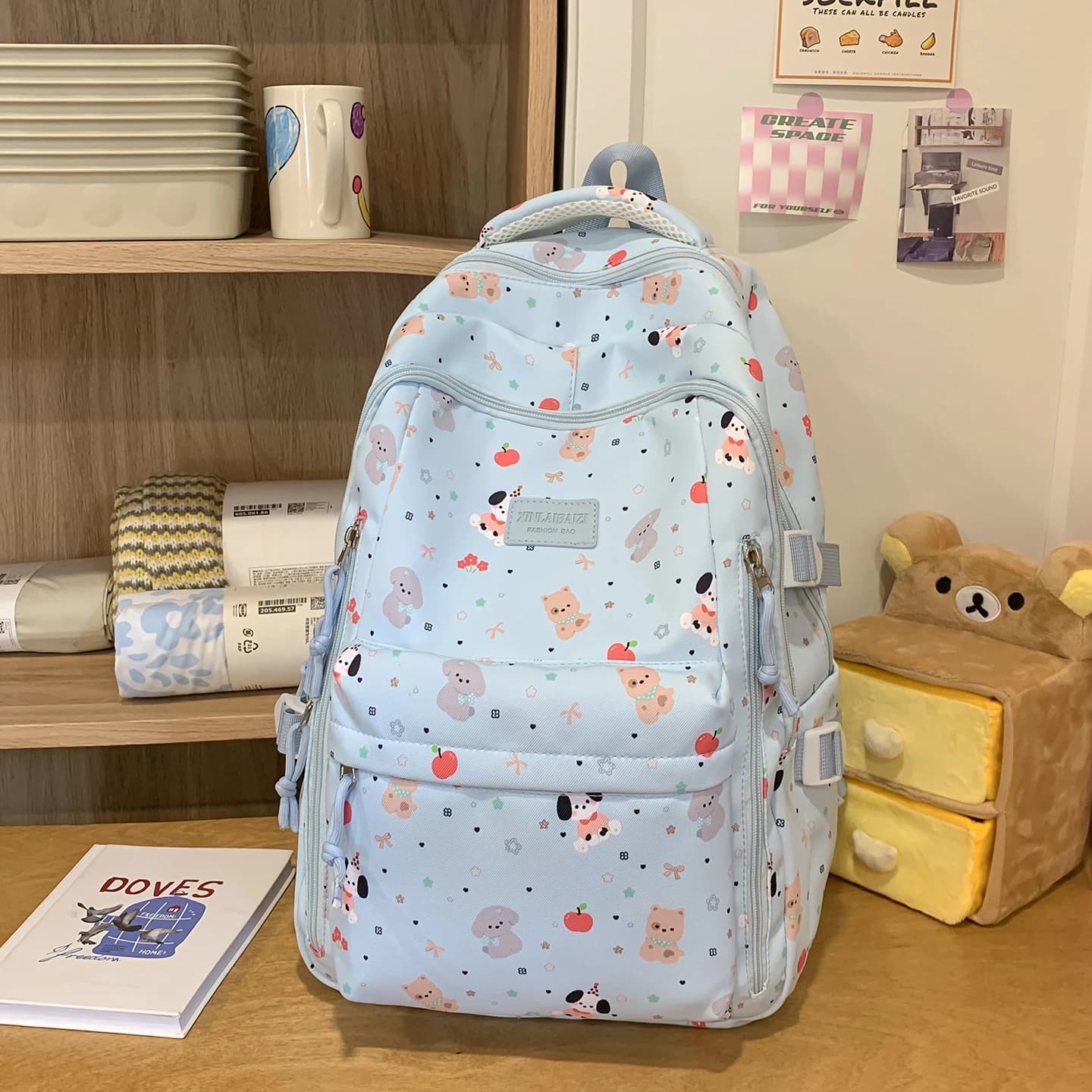 Cute Animal Print Backpack Women Large Capacity Nylon School Bag Casual Daypack For Teen Girls Students Travel