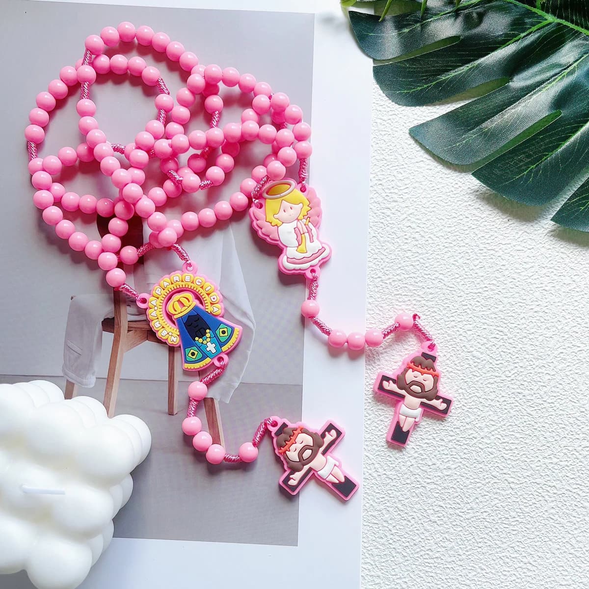 Set di rosari cattolici per bambini con ciondolo a forma di angelo, collana lunga con perline intrecciate per ragazzi e ragazze