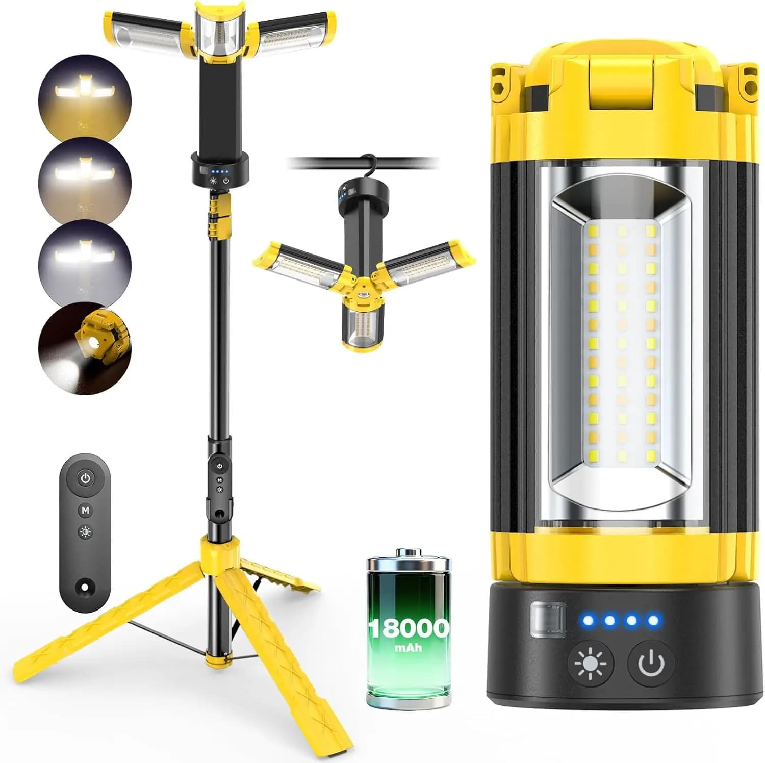 Lanterna da Campeggio Ricaricabile con Telecomando, Luce da Lavoro LED 18000mAh, Supporto Treppiede Staccabile, 3 Teste Lampada per Campeggio ed Emergenze