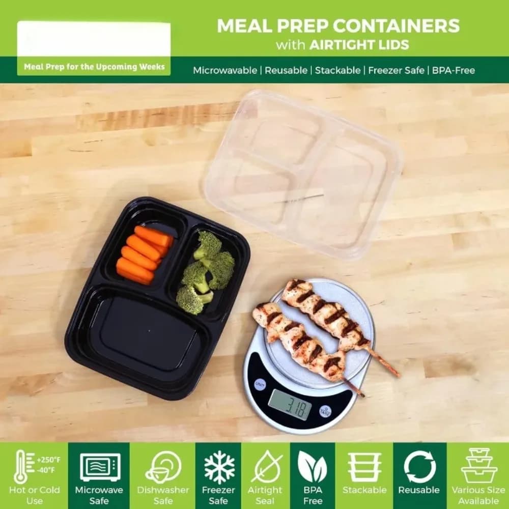 Contenitori per la preparazione dei pasti [confezione da 150] con 3 scomparti e coperchi, contenitori per alimenti, lunch box, impilabili, bento box, adatti al microonde.