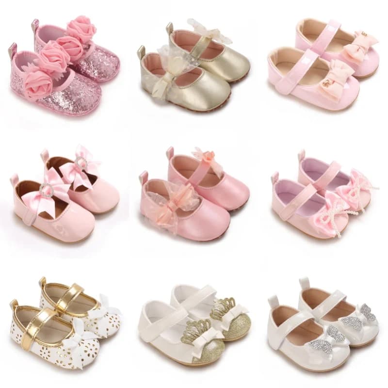 Infant Pre-Walker Shoes 0-1Year Baby Girls Mary Jane Shoes Butterfly Knot Magic Tape Soft Flat Princess Daily Shoes