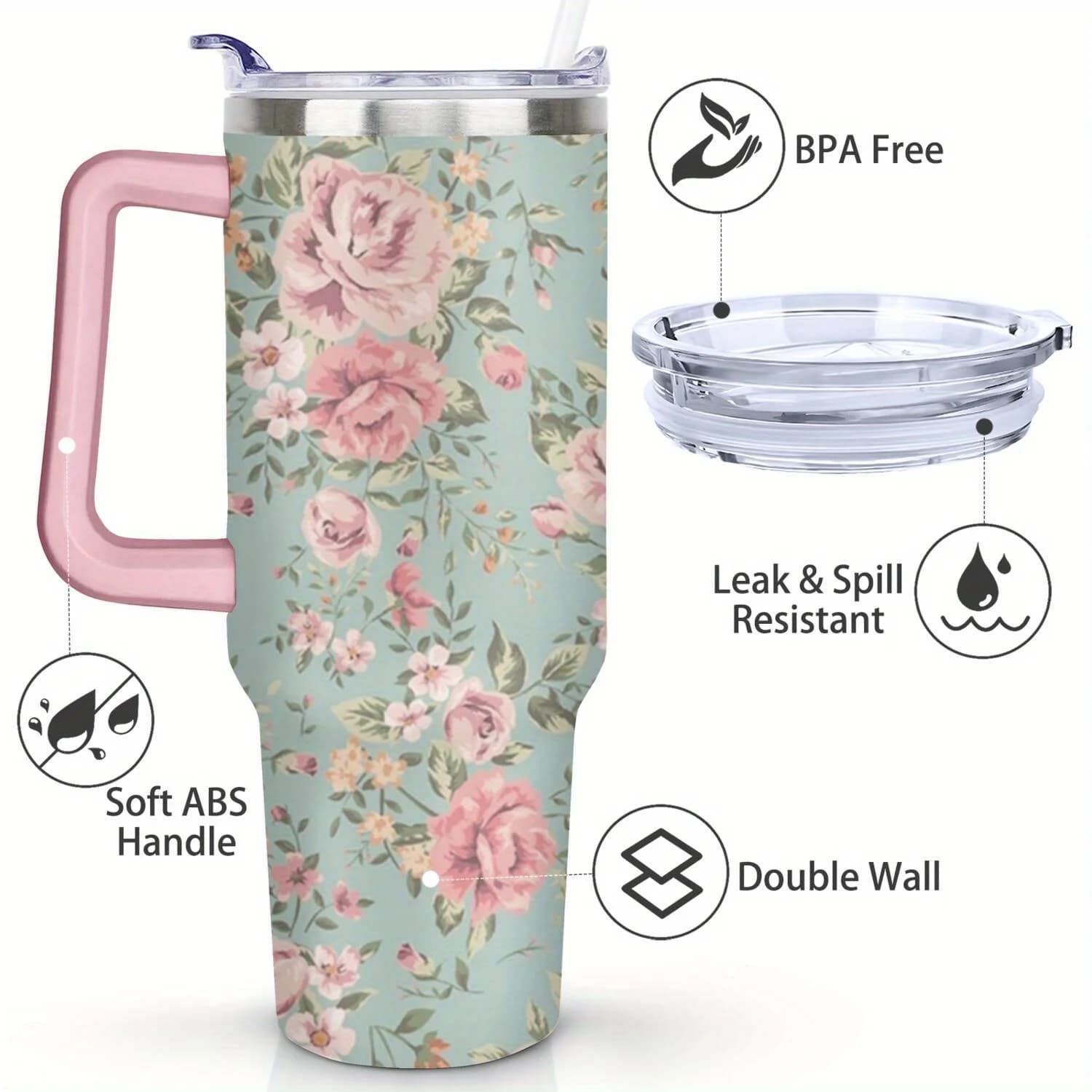 40oz Double Wall Vacuum Insulated Tumbler with Handle - Leak-Proof Travel Mug, Elegant Floral Rose Cup with Screw Lid & Silicone Straw - Keeps Drinks Hot/Cold for Hours, Perfect for Coffee, Tea, Smoothies - Ideal Gift for Women, Home, Office, Travel - Pin