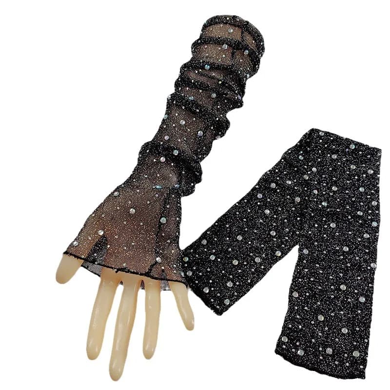 Abito da sposa sexy da sposa, abito da ballo, trapano a caldo, senza dita, guanto da donna, con maniche a rete, in pizzo, con strass
