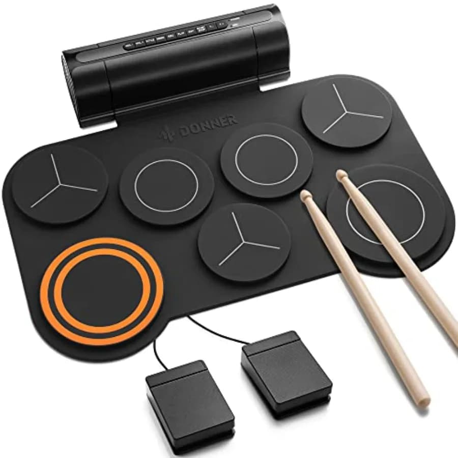Set di batteria elettronica Donner con 7 pad, pad per batteria elettrica arrotolabile, pad silenzioso, altoparlante integrato, 40 lezioni di batteria incluse, Holiday Ch