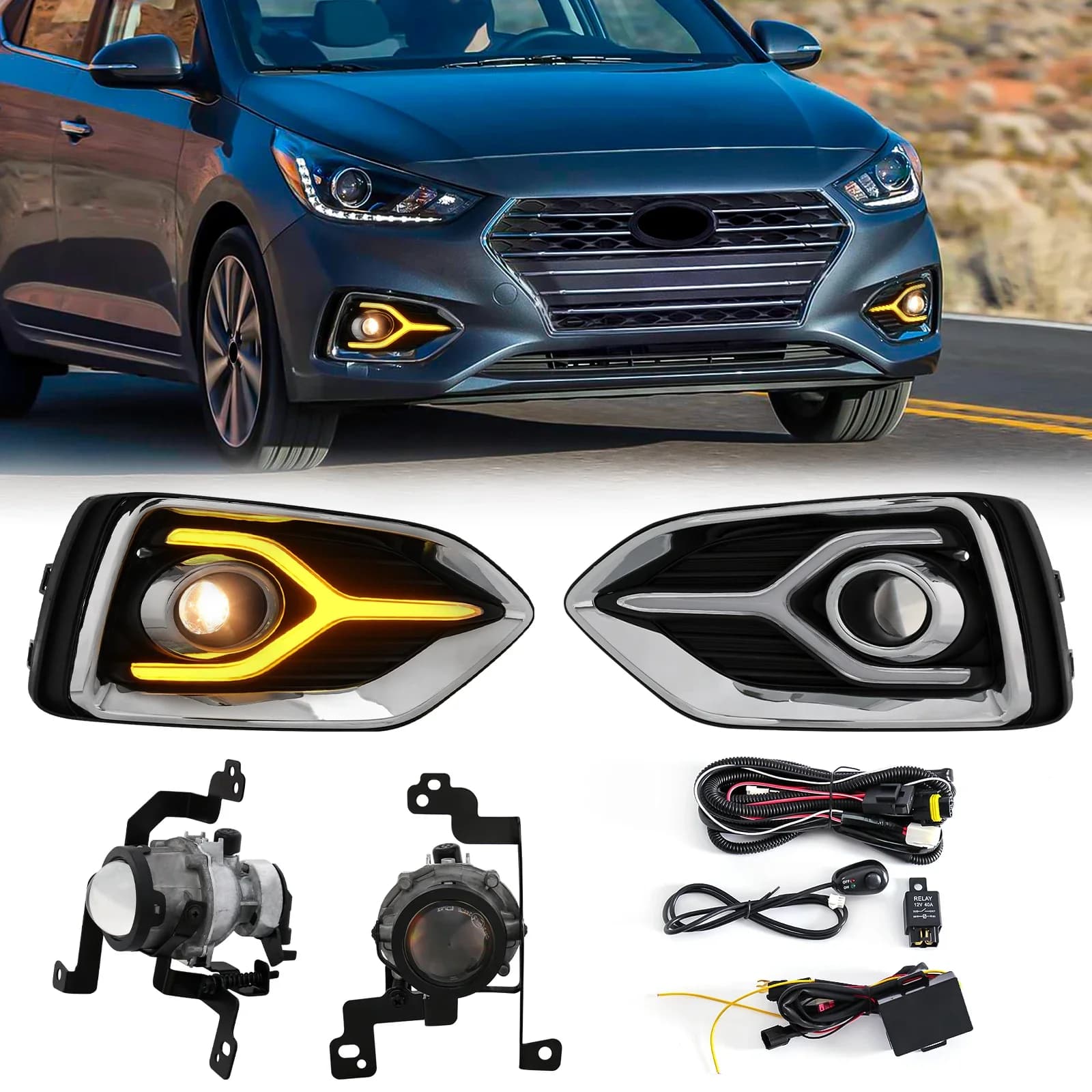 Fendinebbia a LED per Hyundai Accent 2018 2019 2020 DRL Luce di marcia diurna Indicatori di direzione Auto Lampeggiante Fari Accessori auto