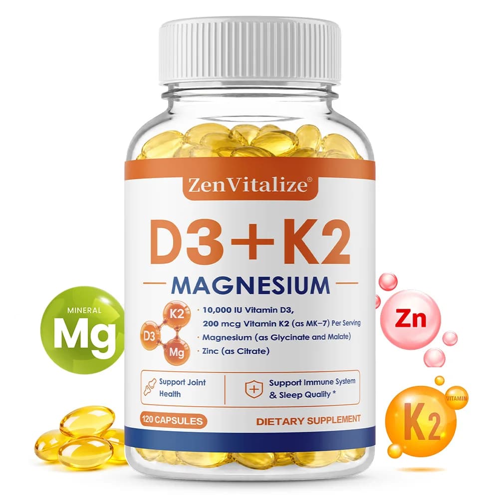 Vitamin D3 K2 with Magnesium, Vitamin D3 10000 IU, K2 MK-7 200 Mcg Supplement for Bone, Immune & Mood Support, 120 Capsules