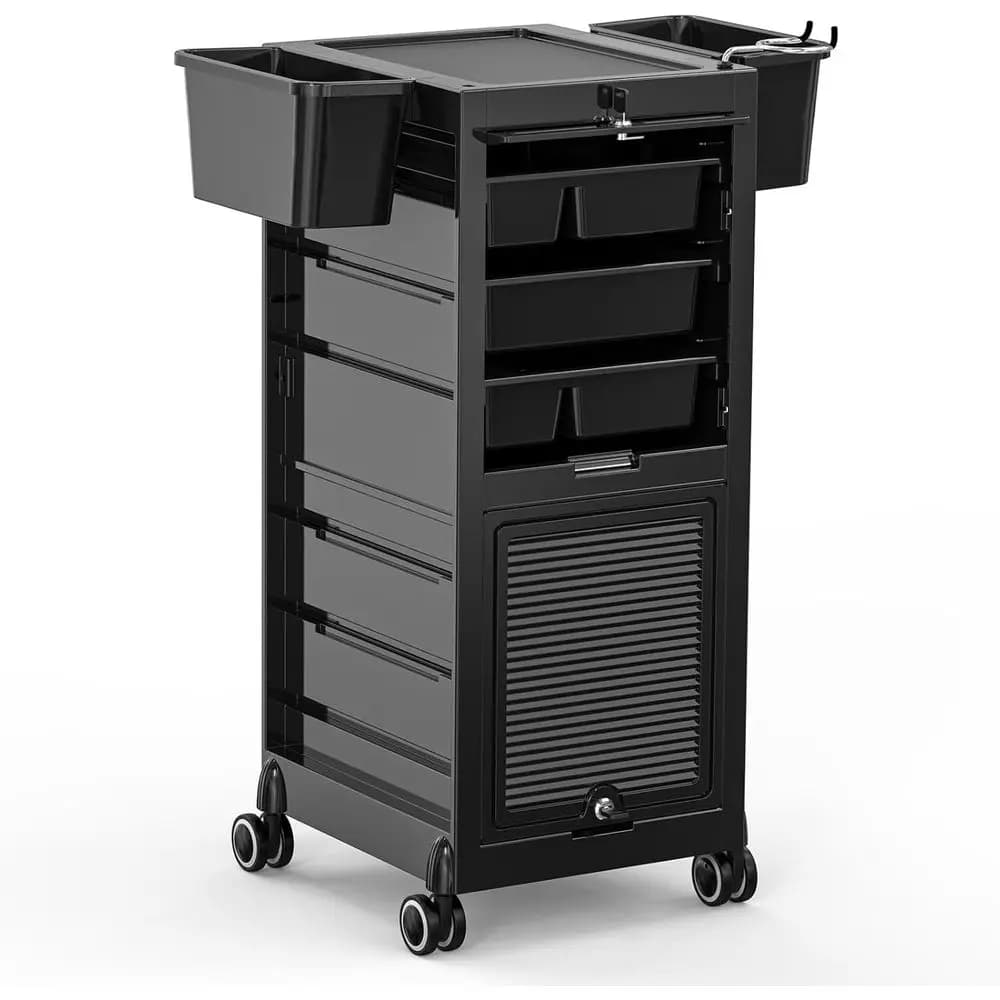 Carrello per Parrucchiere con 2 Porte Chiudibili, Vano Portaoggetti, Supporto per Asciugacapelli e Porta Secchio per Barbieri e Saloni di Bellezza