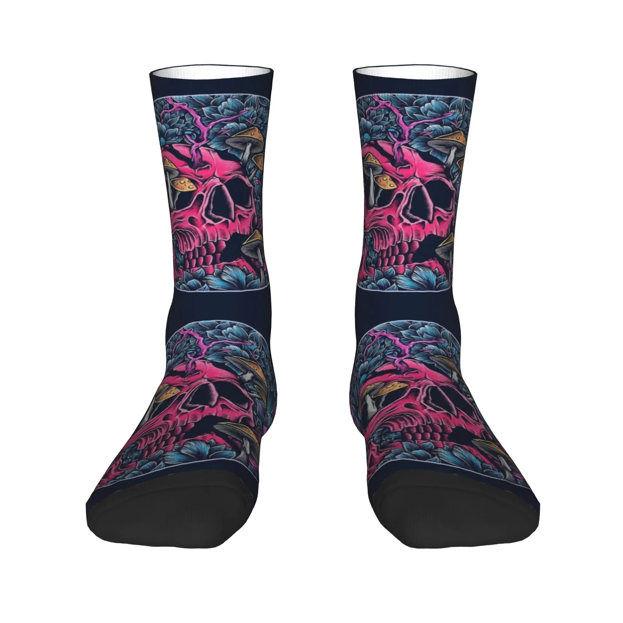 Trippy Skull Magic Mushroom Art Men's Crew Socks Unisex Novelty Spring Summer Autumn Winter Dress Socks