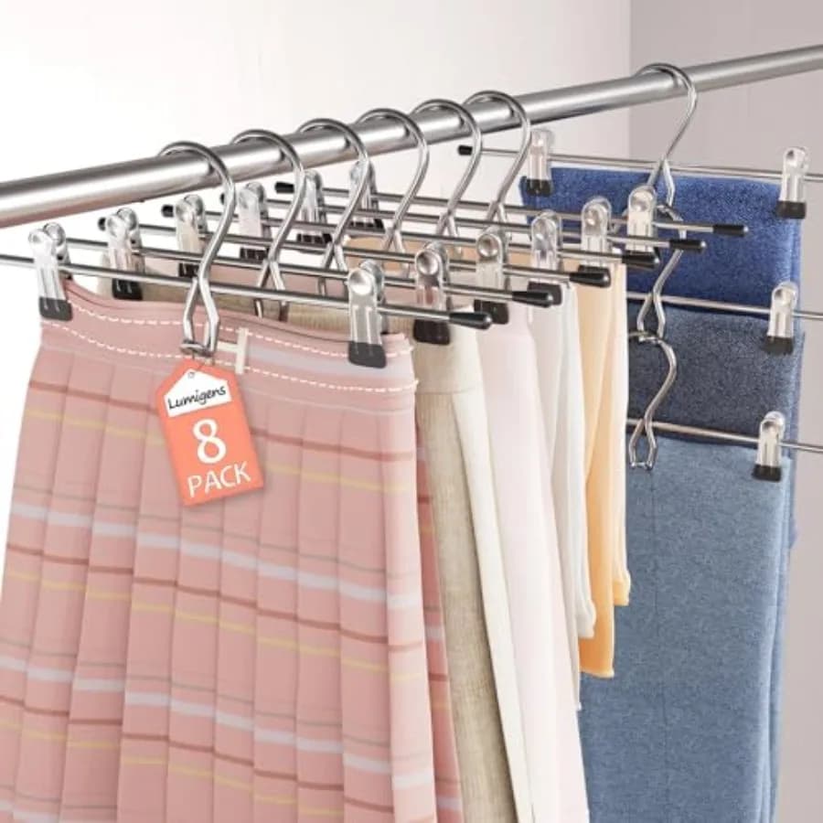 Pants Hangers Space Saving, Stackable Skirt Hangers with Clips, Hanging Closet Organizer and Storage, Clothes Hangers, College