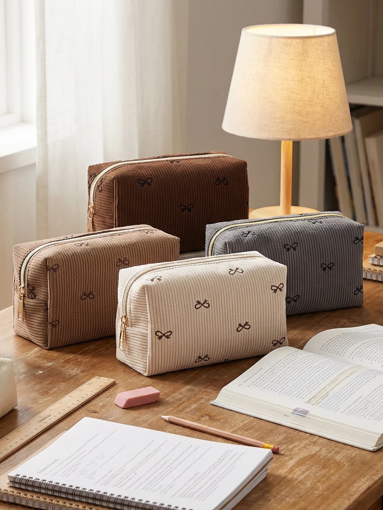 Astuccio in velluto a coste con stampa a fiocco, 1 pezzo, con cerniera liscia, borsa cosmetica resistente per ragazze, per il ritorno a scuola