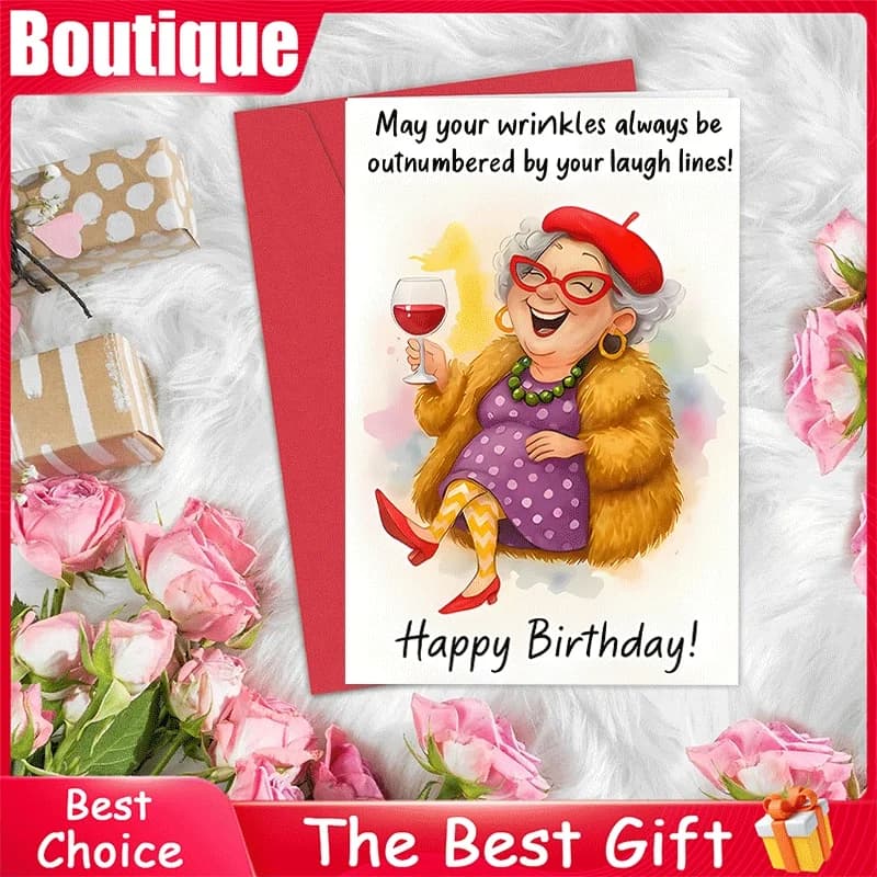 Biglietto d'auguri di buon compleanno, 1 pezzo, divertente biglietto con stampa di una signora anziana con bicchiere di vino, biglietto di compleanno umoristico per G