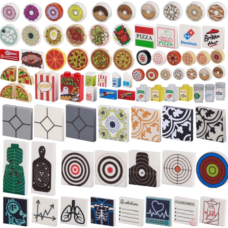 Piastrelle per pavimenti MOC stampate Building Blocks Poster militare cibo Dessert torta bevanda Target accessori medici mattoni giocattolo compatibile
