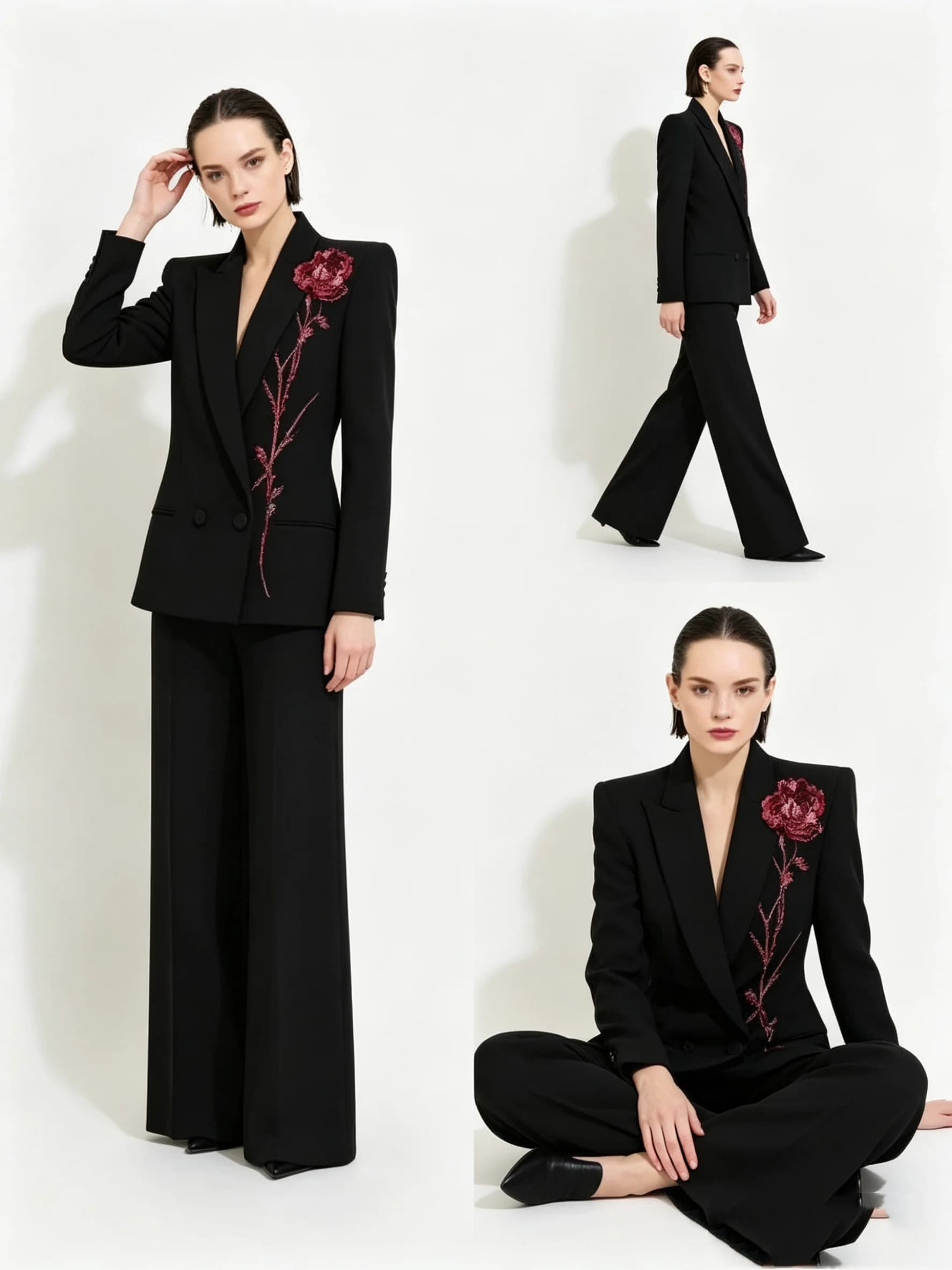 Completo da Donna Nero 2 Pezzi: Blazer e Pantaloni con Fiori Rossi, Giacca Formale Personalizzata per Ufficio, Cappotto in Cotone per Matrimoni e Cerimonie