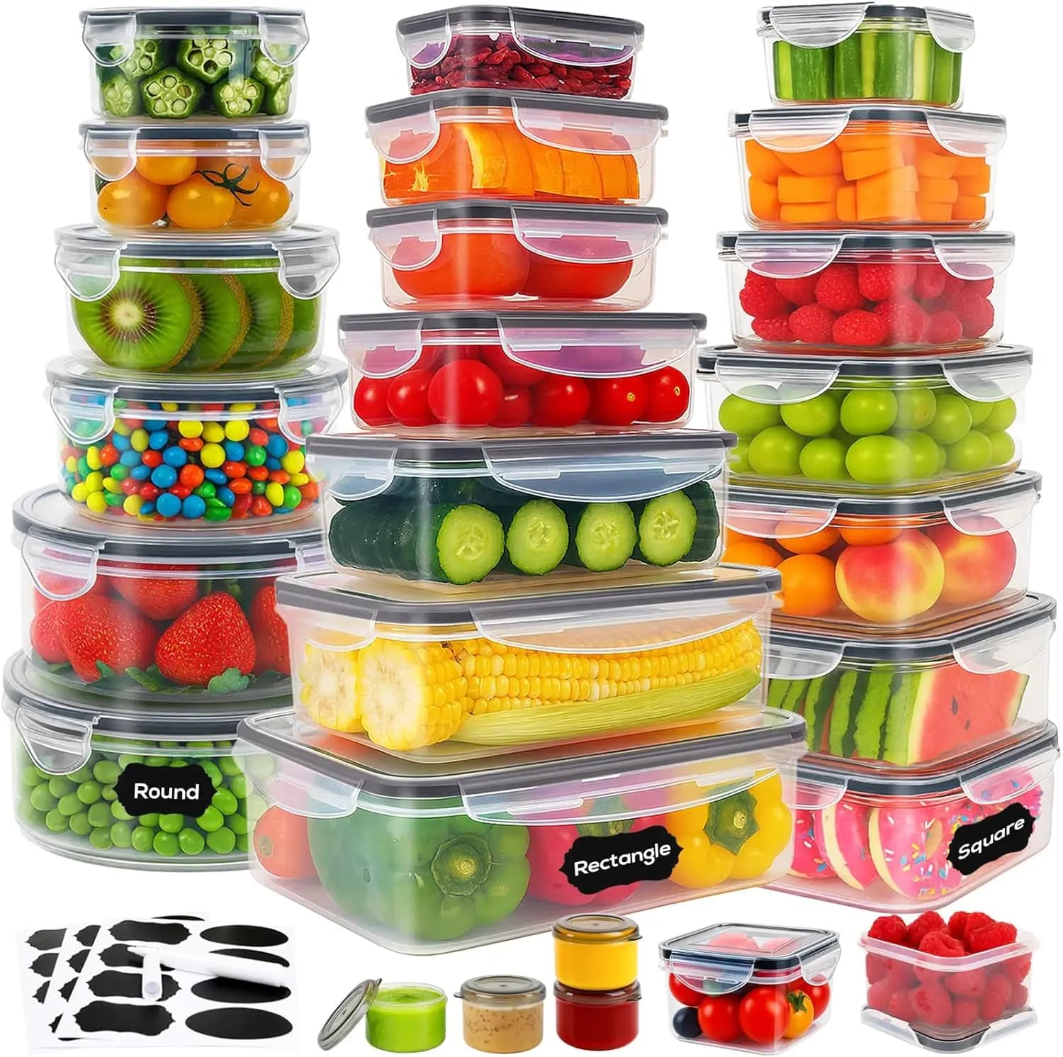 Set di 50 Contenitori per Alimenti con Coperchi, Impilabili, Ermetici, Riutilizzabili in Plastica Trasparente