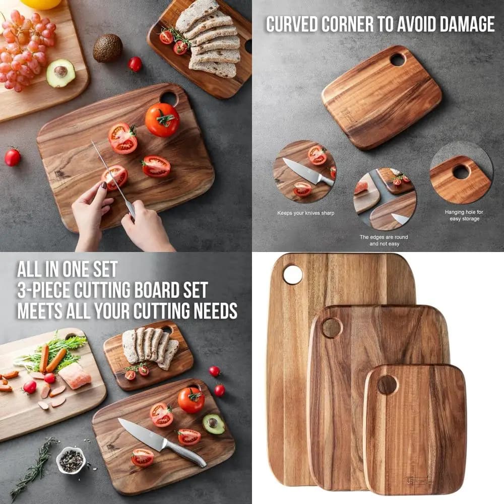 Set di 3 tagliere da cucina in legno di acacia, taglienti spessi, vassoi in legno per carne, frutta, verdura e formaggio