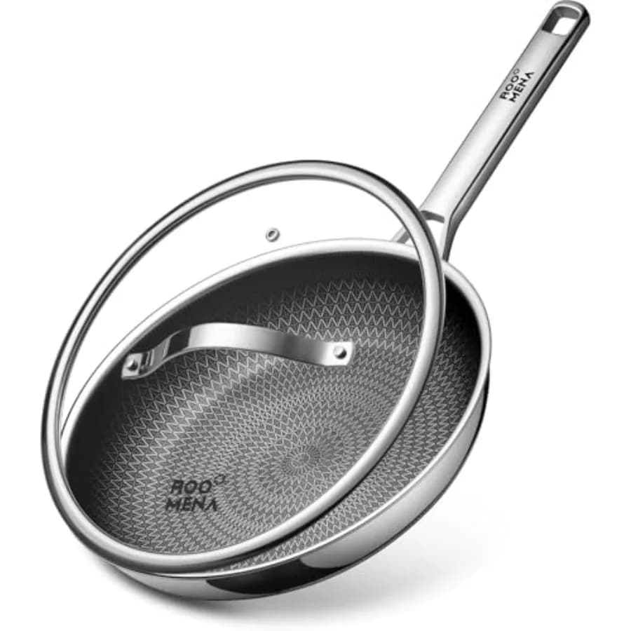 Padelle Antiaderenti, Ceramica Ibrida con Coperchio, Padella in Acciaio Inox Tri-Ply da 12 Pollici, Non Tossica, Senza PFAS/PFOA/PTFE, Metallo