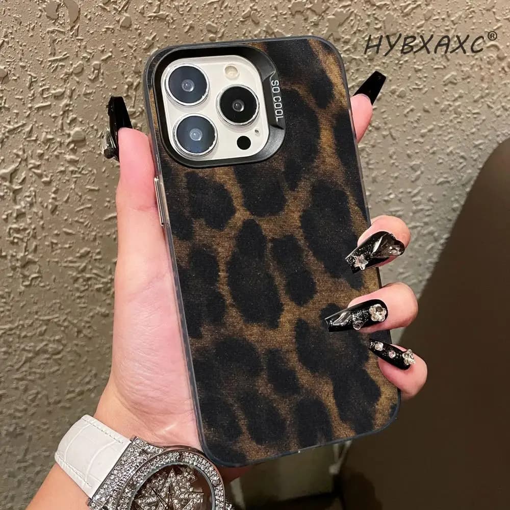 Nuova Popolare Cover Nera Marrone con Stampa Leopardata Opaca per iPhone 11 12 13 14 15 16 17 Pro Max 17 Air 14 Plus X XR XS 16E
