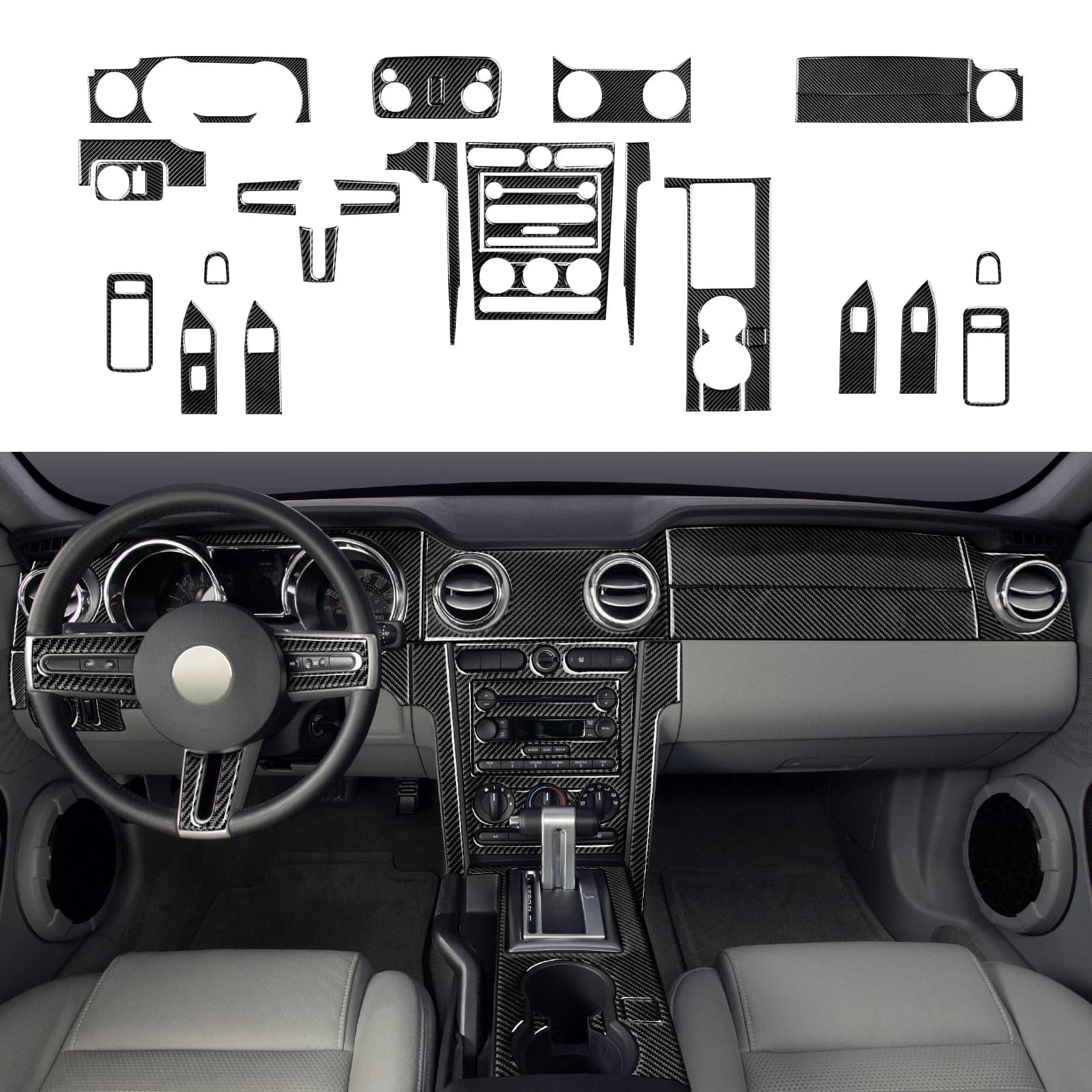 For Ford Mustang GT Shelby (2005-2009) steering wheel panel Carbon fiber coating wall Cover set for central car console gearbox