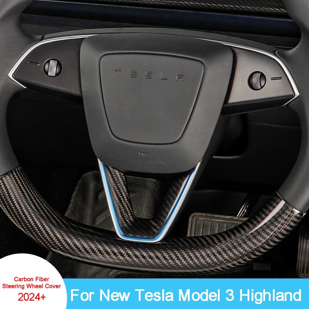 Copertura del volante in fibra di carbonio reale per Tesla nuovo modello 3 Highland 2024+ rinfrescato accessori auto Sticker interno volante Patch telaio Trim