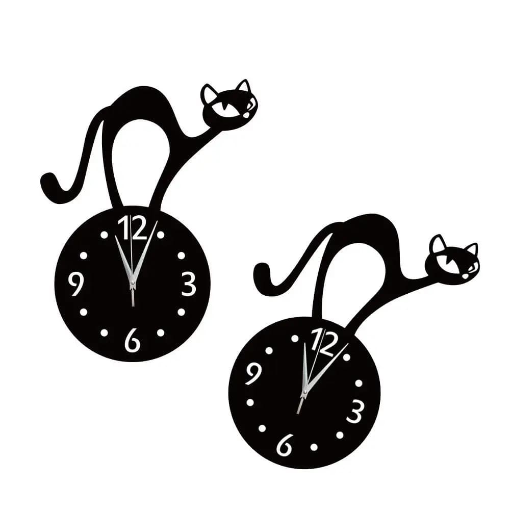 Orologio da Parete Decorativo a Specchio con Gatto Cartoon, Silenzioso, per Camera da Letto, Soggiorno, Ufficio, Caffetteria, Grande Orologio da Parete Fai-da-Te Nero