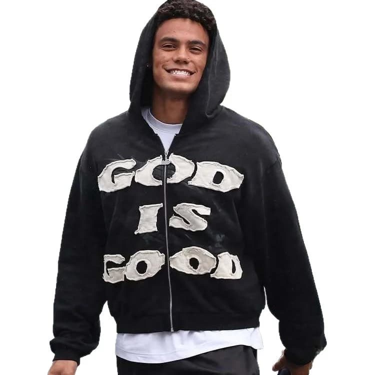 Couple Hoodies Street Hip Hop Trend God Is Good Embroidered Flocking Towel Stitch Zipper Jacket Loose Fit Regular Thickness