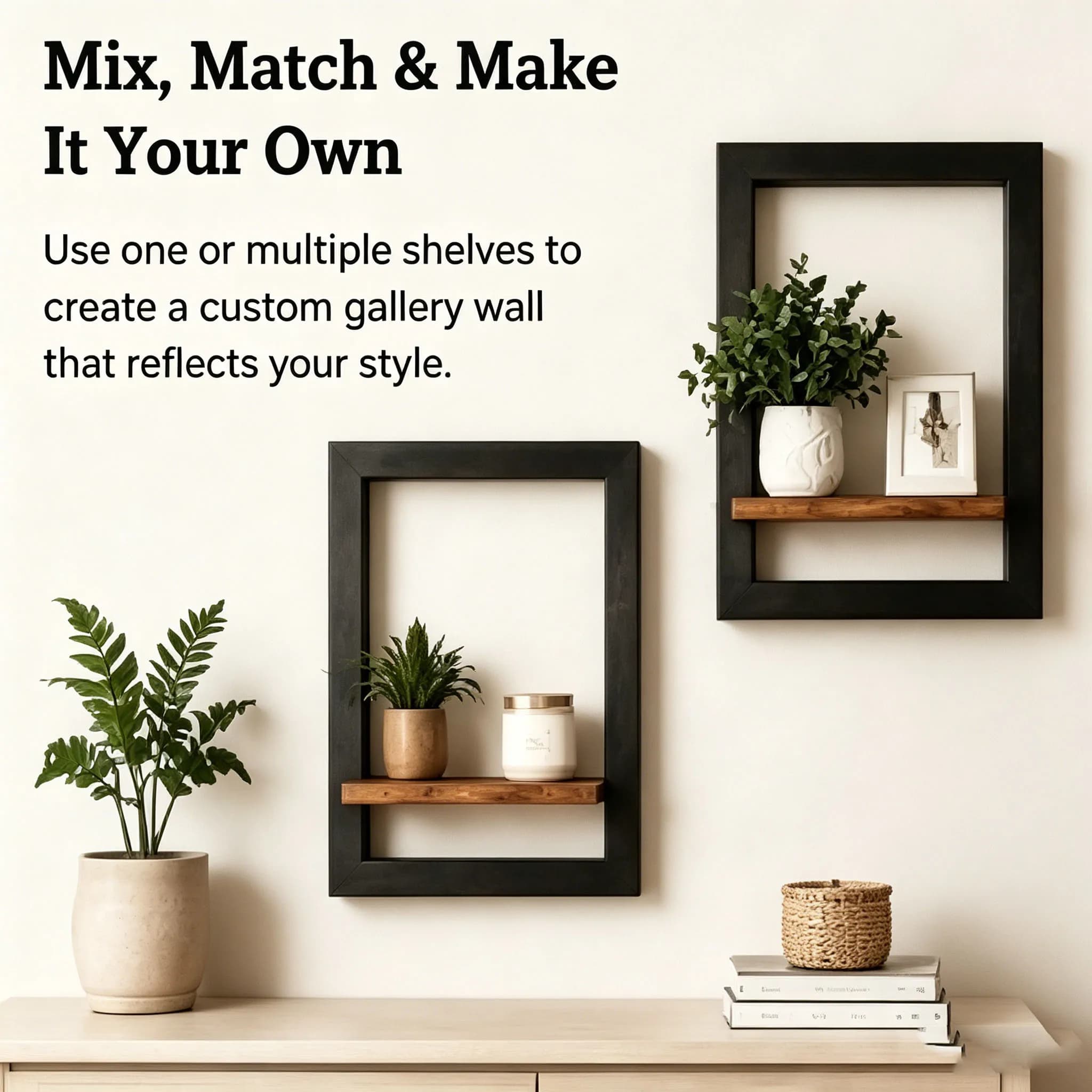 Vintage Wooden Wall Shelf Set Black Brown Square Display Shelves for Photos Candles Flowers Albums Living Room Bedroom Bathroom