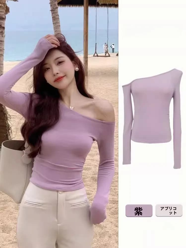 Slim Fit Long Sleeve T-Shirt Women's Spring New Style Pure Desire Hot Girl Diagonal Shoulder Base Shirt Inner Wear One Should...