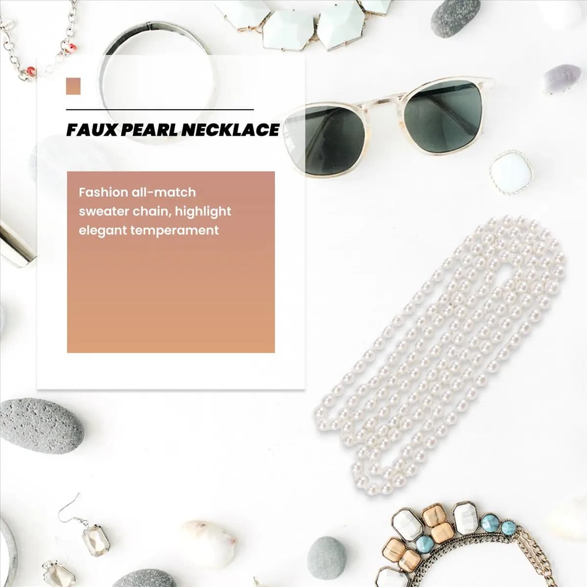 ABQR long chain necklace with white fake pearls