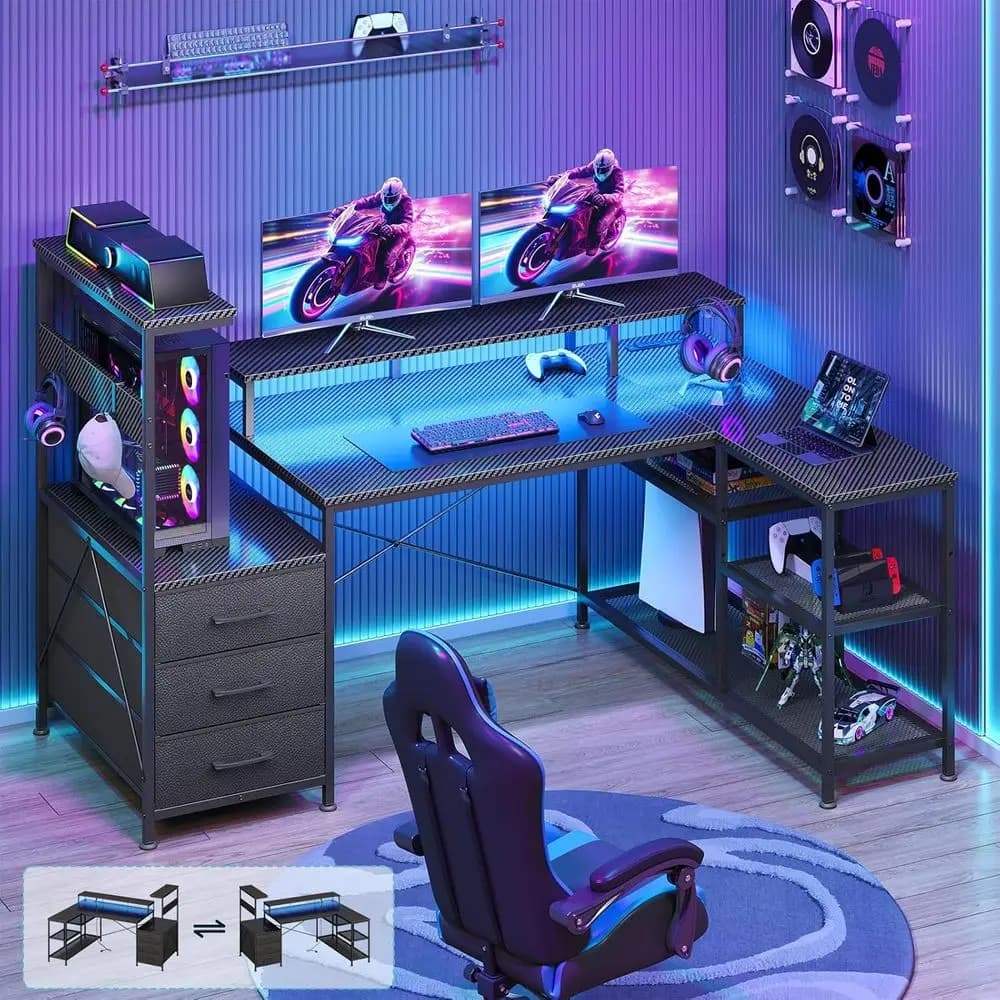 L Desk with Drawers, Storage Vans, Current Grips, LED Lighting and Black Carbon Fiber Monitor Support