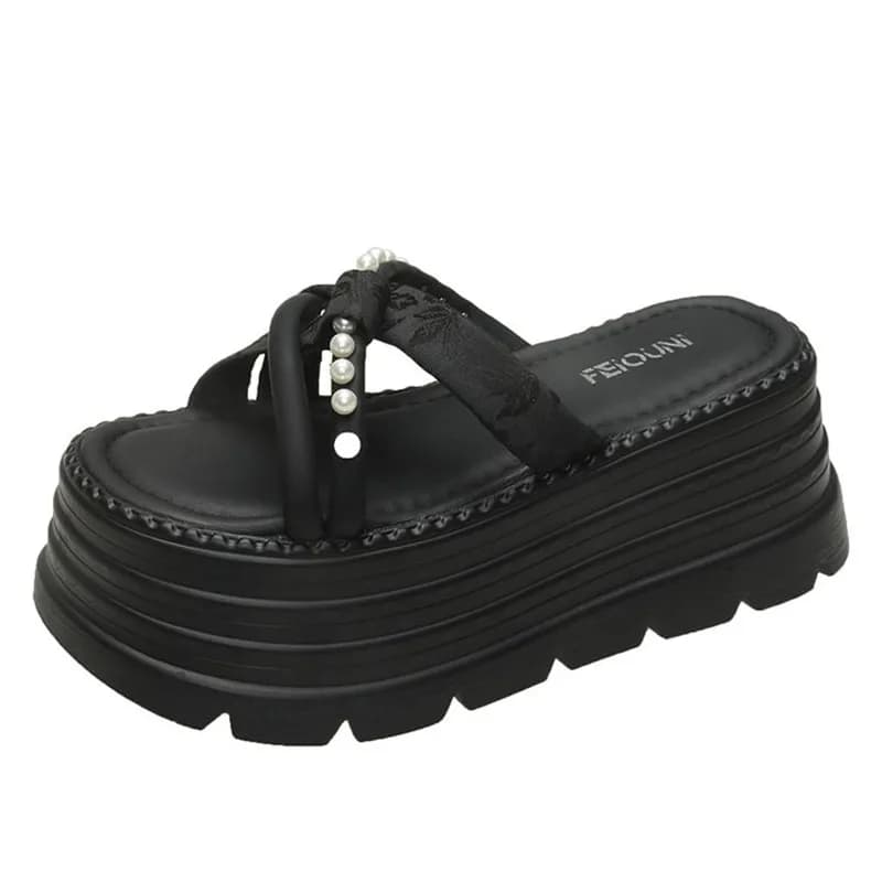 Moda nuova estate 8 cm sandali con plateau per donna pantofole di perle di lusso designer suola spessa sandali open toe zeppe femminili scarpe