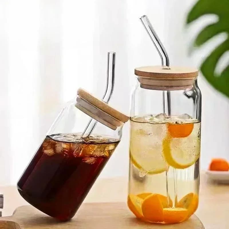 350ml/550ml Tazza di vetro Cola Bevanda fredda Tazza di acqua con coperchio di bambù Caffè Succo di latte Tazza di paglia Lattina di birra Bere Tazza di colazione a casa
