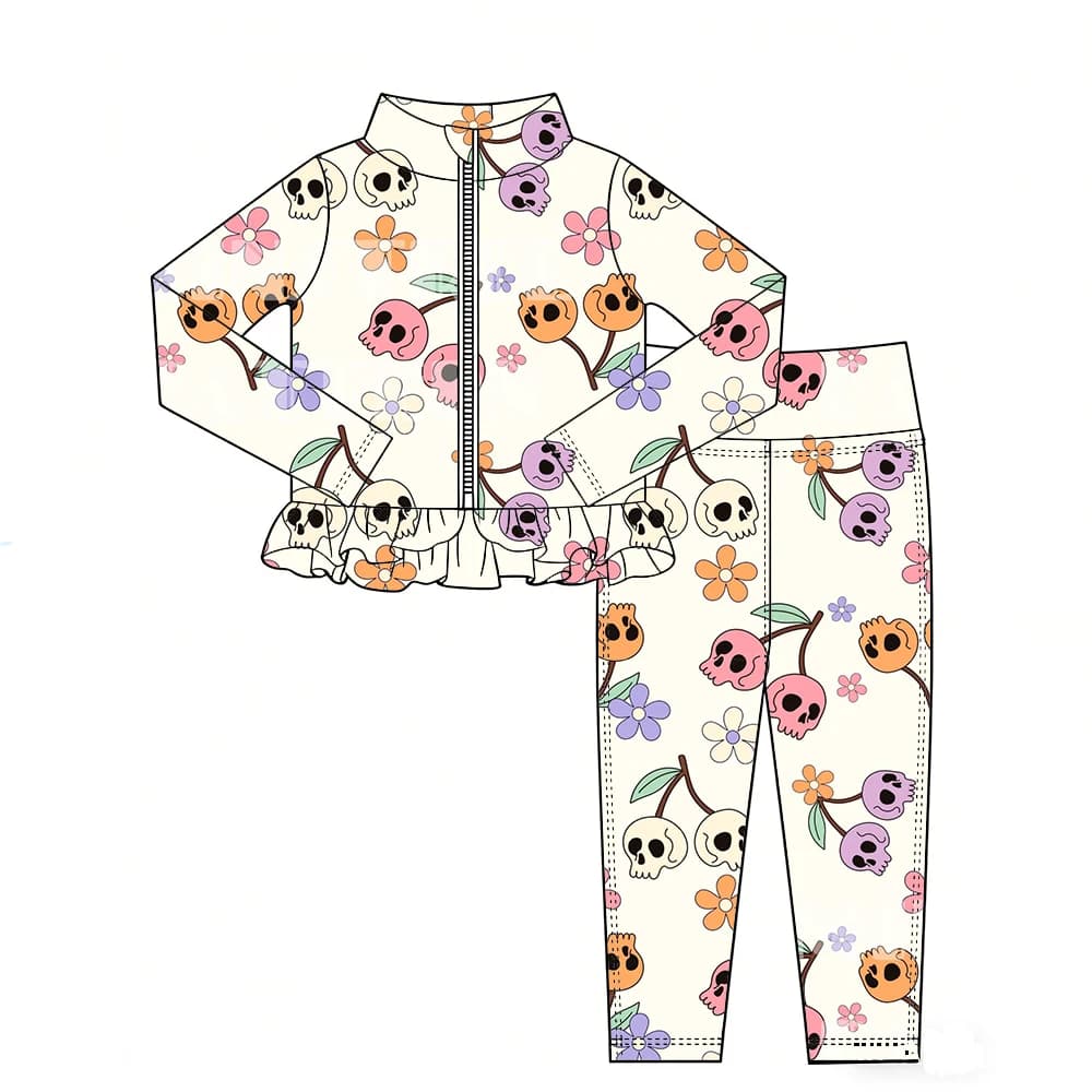 Hot Selling Halloween Collection Girls' Ruffled Hem Long-Sleeved Zipper Top and Leggings Boutique Set