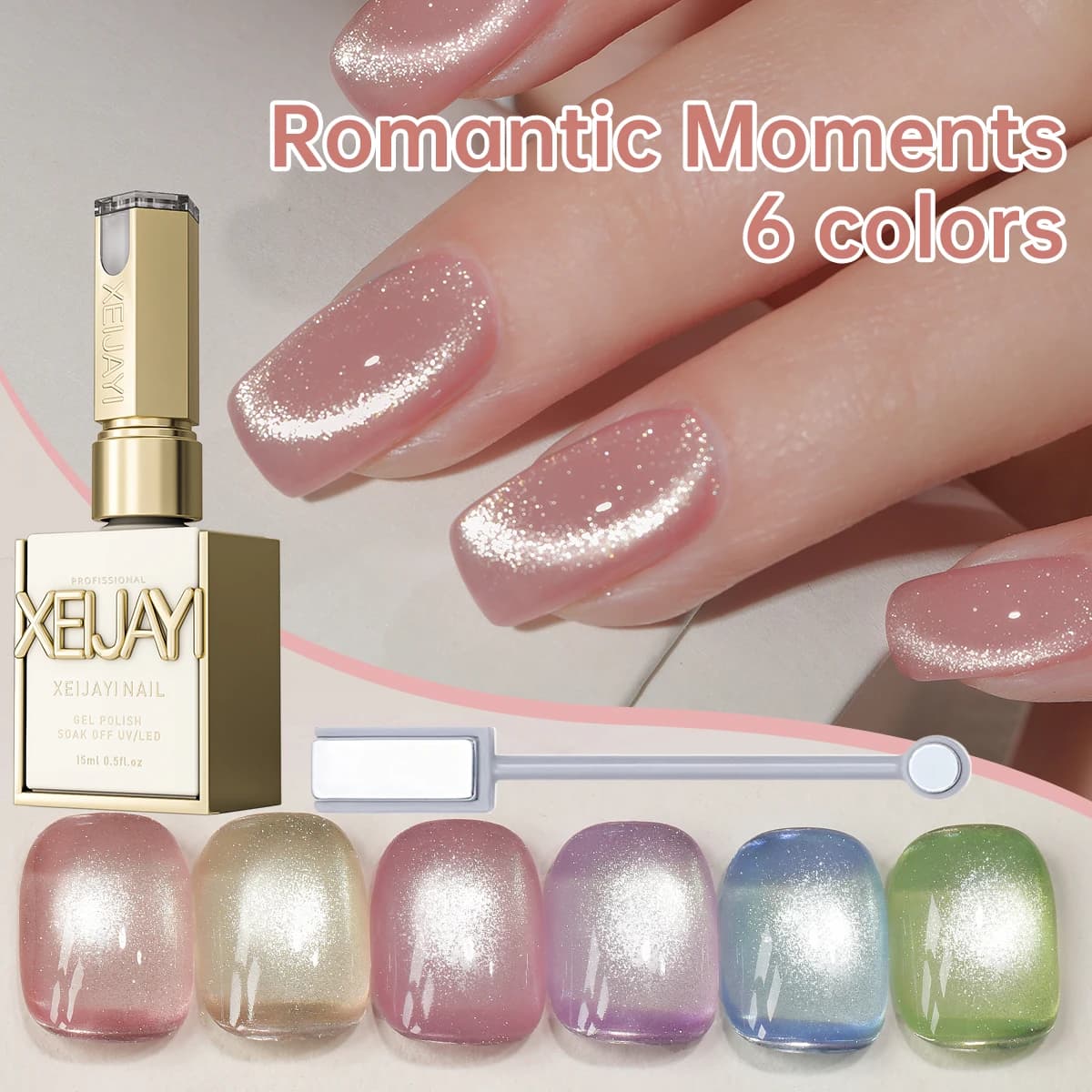 XEIJAYI 6 pz 15 ml Momenti Romantici Smalto Gel per Unghie Cat Eye, Semi Permanente Nail Art Soaking UV LED Nail Salon Fai da Te Nail Salon