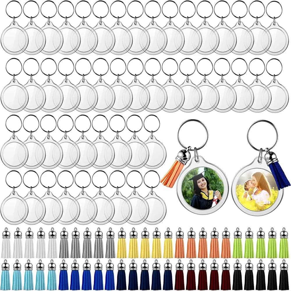 Portachiavi con cornice per foto in acrilico circolare da 100 pezzi con nappe a scatto con inserto personalizzato per foto in acrilico con foto vuota, portachiavi, progetti fai da te